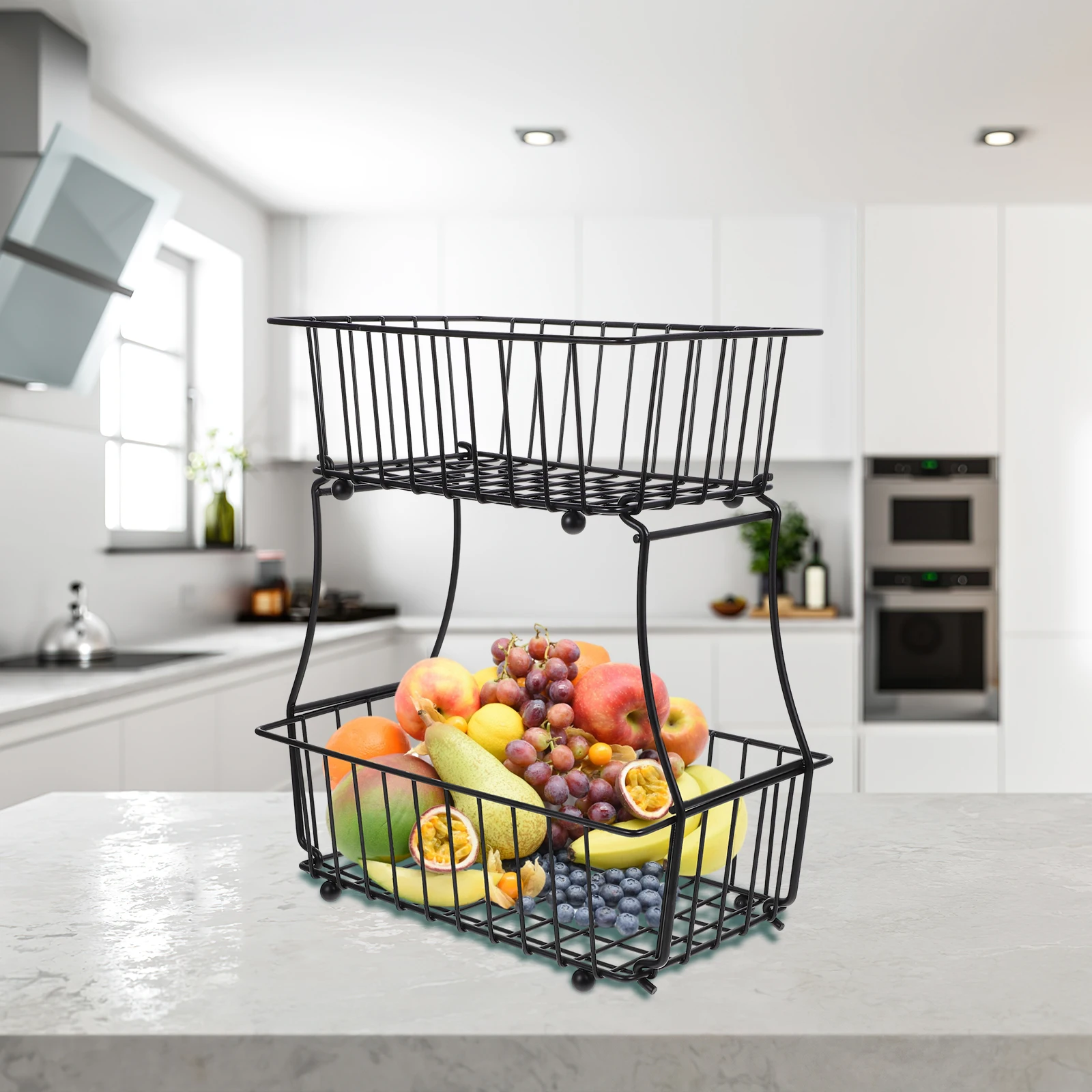

2 Tier Kitchen Fruit Basket Vegetable Dish Iron Food Storage Bread ganizer Detachable Countertop Rack Baskets Black Metal Wire
