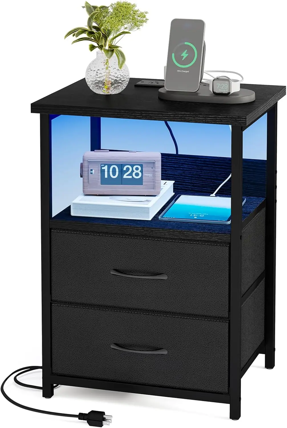 LED Nightstand with U-S-B Ports and Outlets, 2 Fabric Storage Drawers with PU Finish, Bedside Table, Black