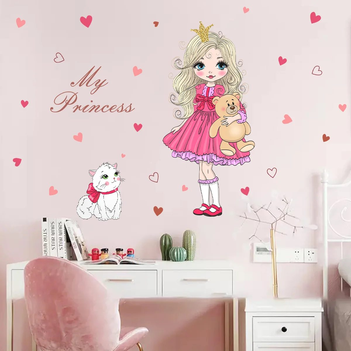 Cartoon Cat Cute Princess Little Bear Wall Stickers Peel and Stick for Girls Room Baby Bedroom Nursery Wall Decoration Decals