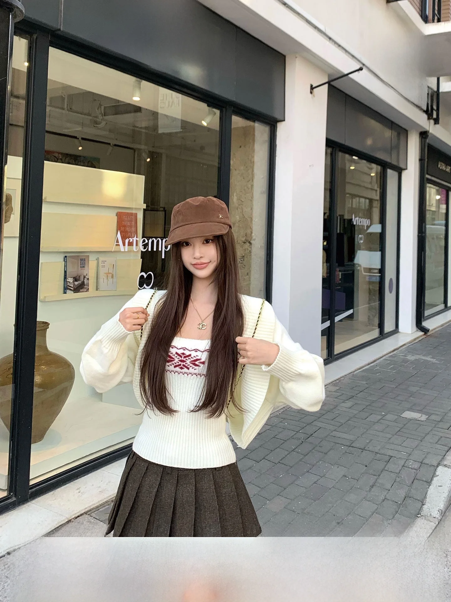 

Cisas Theme Knitted Two-Piece Set Women's Open Cardigan with Lace Trim Island Flower Pattern Autumn Winter Elegance