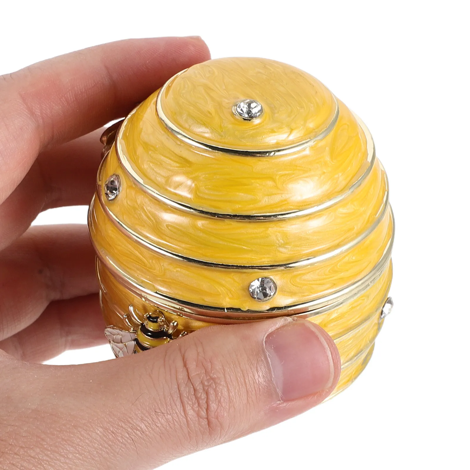 

Enamel Trinket Box Hand Painted Bee Honeycomb Design Alloy Jewelry Storage Case Ring Holder Desktop Decorative Jewelry Display