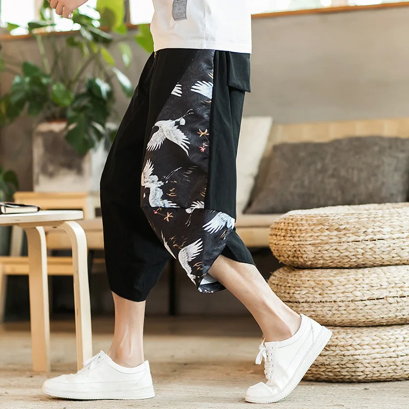 2024 Ethnic Style Harem Pants Mens Jogging Pants Sweatpants Japanese Street Men Pants Work Elephant Stitching Calf-length Pants