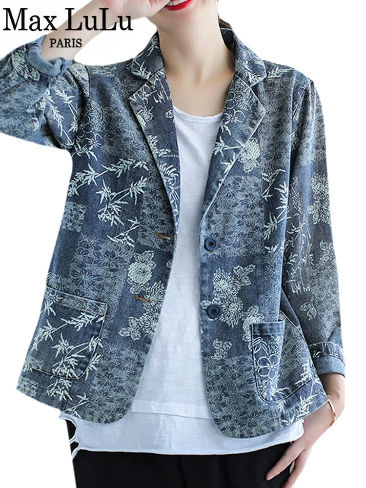 Max LuLu 2023 Fall Korean Fashion Outerwear Womens Loose Luxury Printed Denim Jackets Ladies Classic Casual Vintage Floral Coats