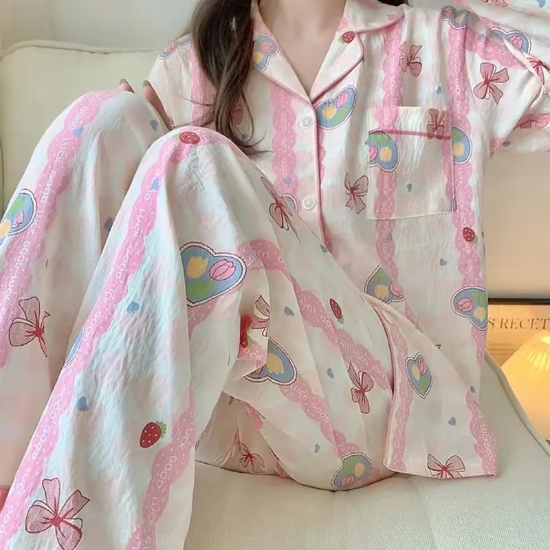 Sweet Young Girl Cloud Cotton Pajamas Sets Women Autumn Winter Long Sleeves Long Pants Cute Sleepwear Love Heart Pjs New Soft Pj