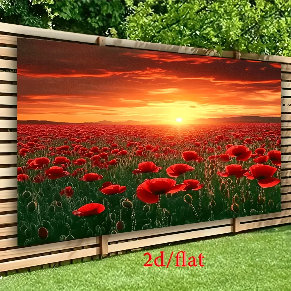 2D flach, []1 Stück, Hintergrundstoff – Partybanner, Sonnenuntergang Mohnfeld – atemberaubender Landschaftskunstdruck