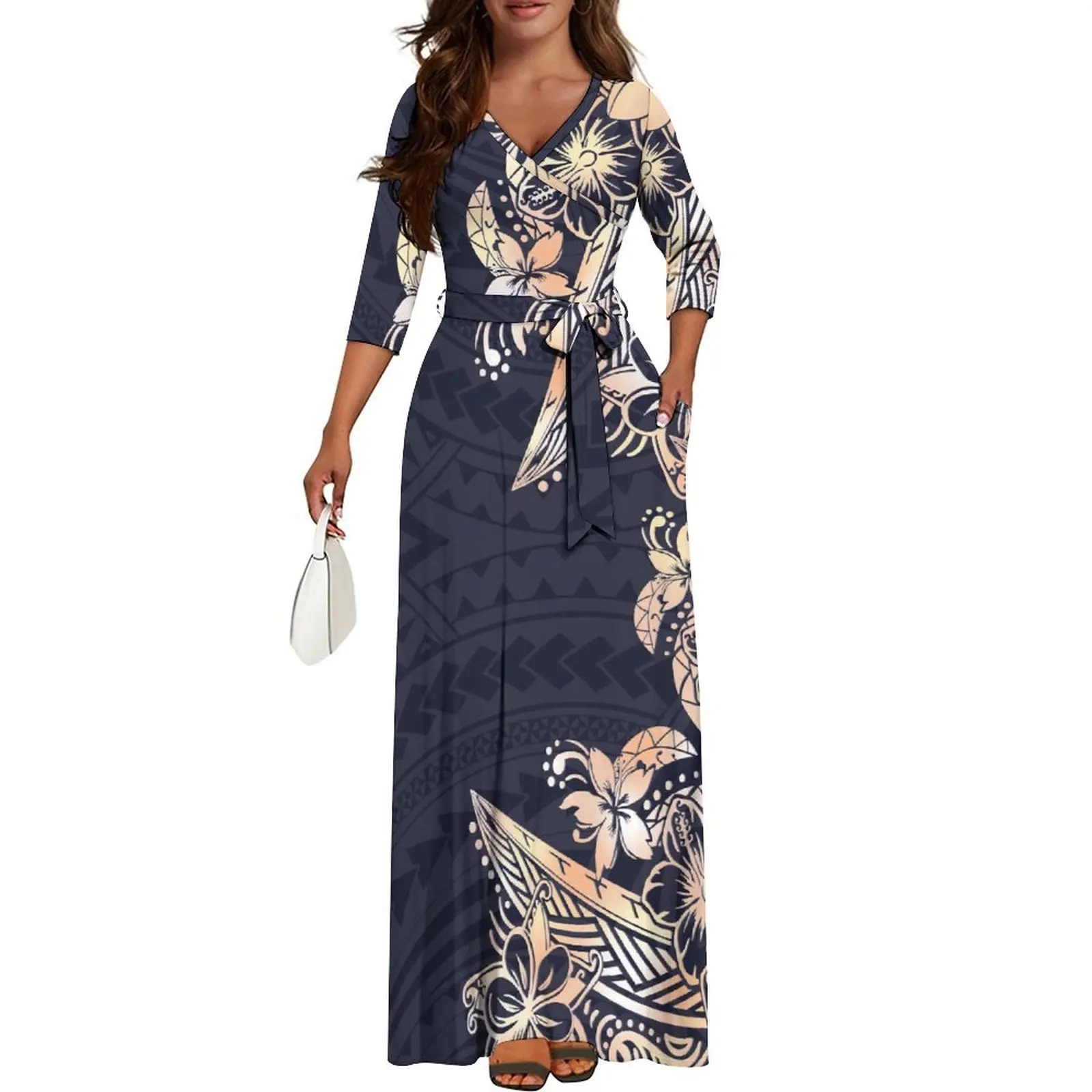 

Новый дизайн, летняя женская юбка с короткими рукавами на заказ, темпераментный дизайн с v-образным вырезом на талии, длинная юбка, полинезийская модная женская одежда