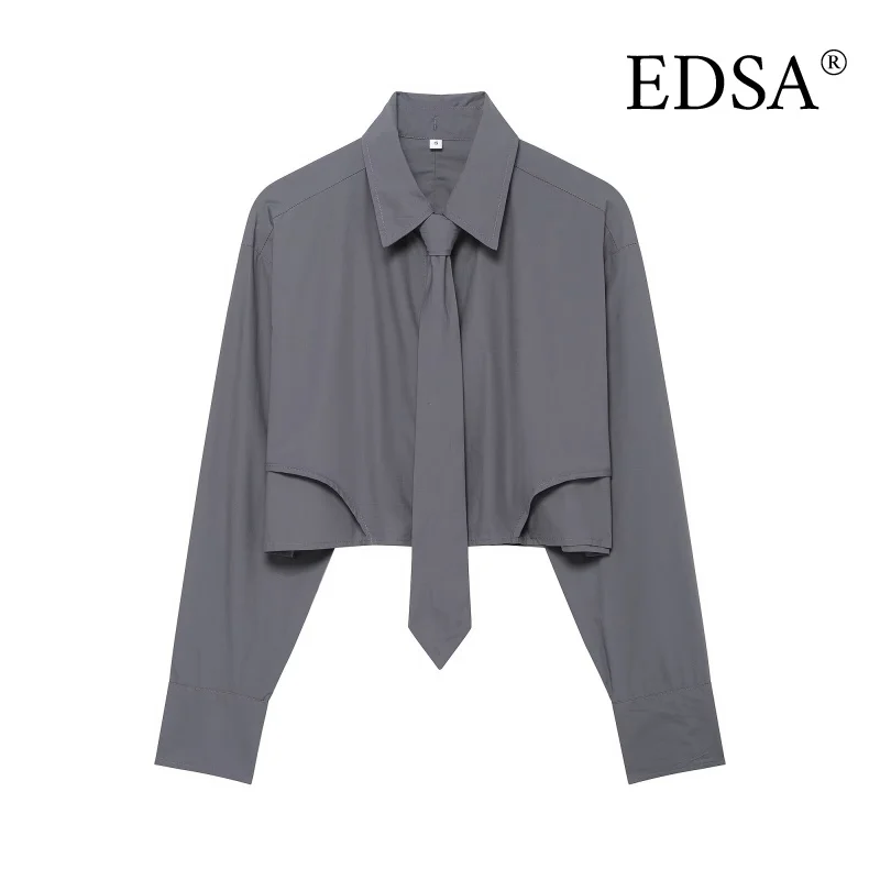 قميص نسائي قصير من EDSA بأكمام طويلة لربيع وصيف بلون سادة