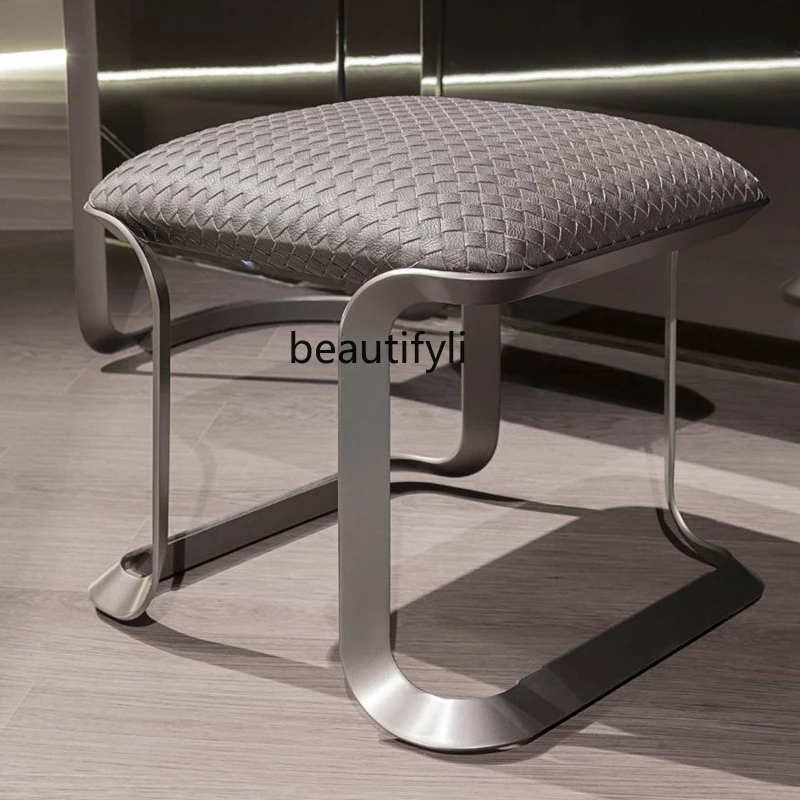 zqLight Luxury Style Shoe Changing Stool Home Italian High-End Authentic Leather Weave Creative Stainless Steel Dressing Stool