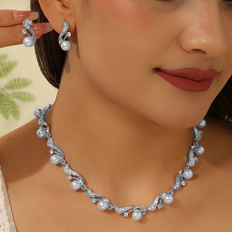 Elegant Imitation Pearl Necklace Earrings Set for Women Bohemian S-Shape Clavicle Chain Light Luxury Bridal Wedding Jewelry Gift