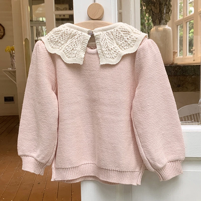 Autumn Winter Sweet Kids Baby Girls Long Sleeve Lace Pullover Sweaters Cute Baby Girl Pure Color Knit Children\'s Sweaters