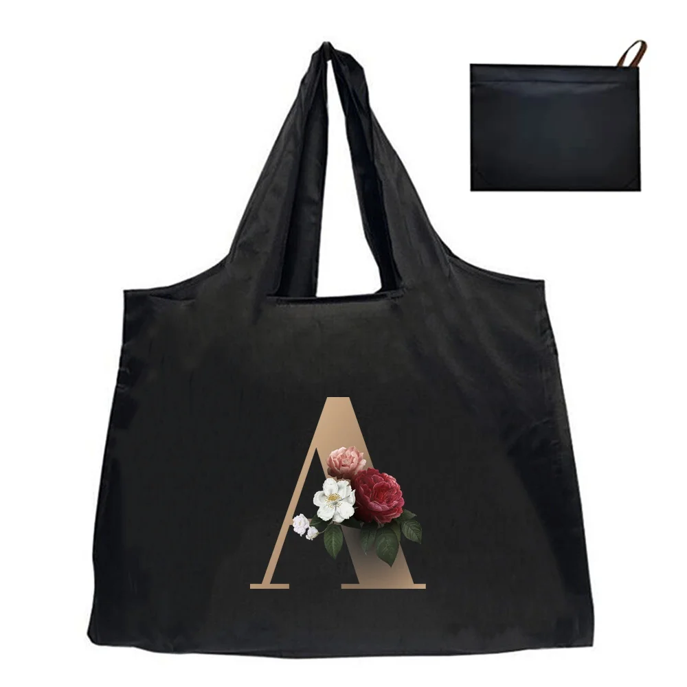 

Tote Folding Pouch Picnic Bag Storage Bag Shopping Bag Large-Capacity for Travel Grocery Bag Gold Letters and Flowers Pattern