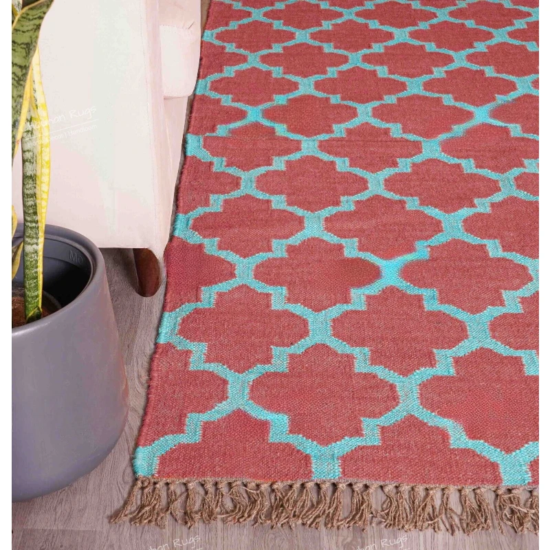 Indian Handmade Red Color Kilim Rug With Turquoise Design Rug Fringes Jute Rug