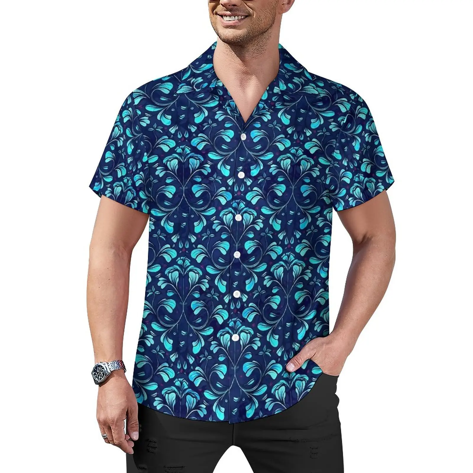 

Baroque Brocade Casual Shirts Blue Floral Vacation Shirt Hawaiian Streetwear Blouses Male Print Plus Size 3XL 4XL