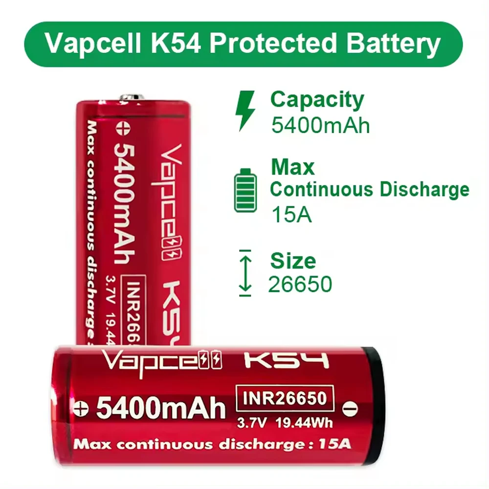 1-6pcs Vapcell K54 26650 With Protection Board And Button Top Battery Rechargeable INR 26650 5400mah 15A 3.7V Li-ion battery