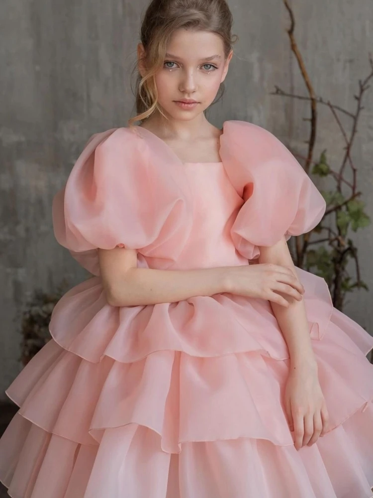 Pink Flower Girl Dresses Tulle Satin Tiered With Bow Short Sleeve Fit Wedding Party Birthday Banquet Princess Gowns