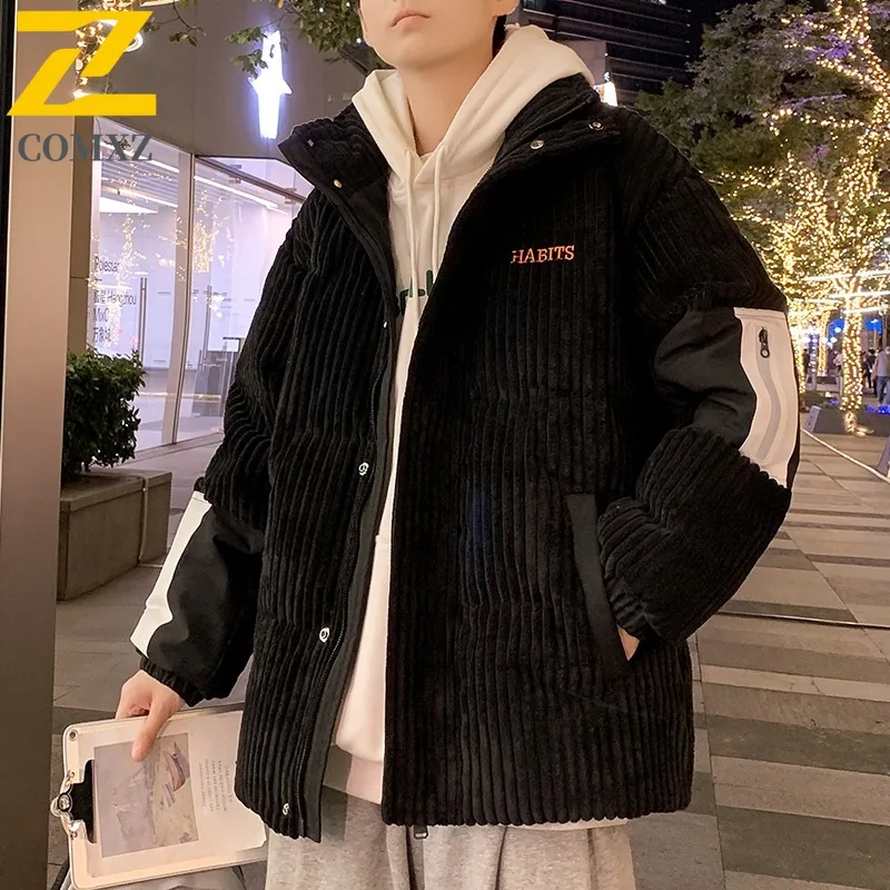 COMXZ Men Parker Coat Warm Lightweight Stand Collar Corduroy Down Jacket Ski Travel Windproof Slim Snow Cotton Padded Jacket