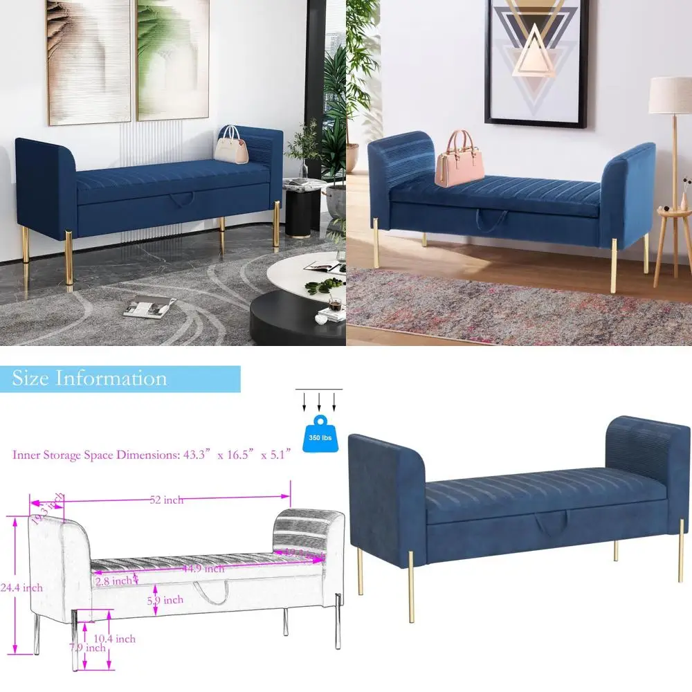 Contemporary Upholstered Storage Ottoman, Modern Entryway Bench with Gold Legs for Bedroom and Living Room