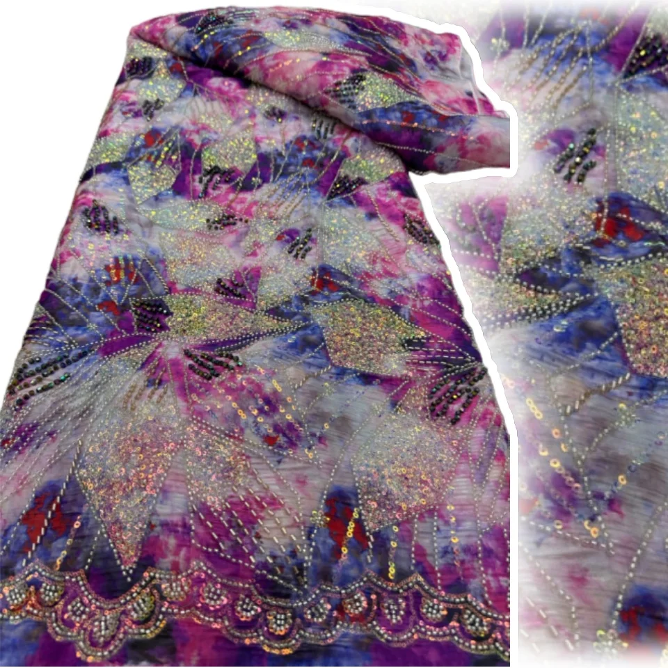 

Африканская кружевная ткань, 2025 г., высокое качество, 5 ярдов, текстильный принт, блестки, кружево из бисера, тюлевое кружево с вышивкой для праздничного платья AH1620