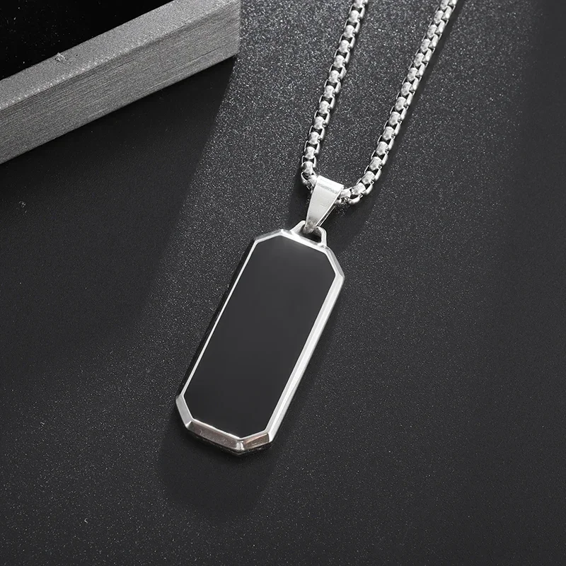 High Quality Stainless Steel Classic Black Rectangular Pendant Necklace for Men and Women Fashion Casual Party Jewelry