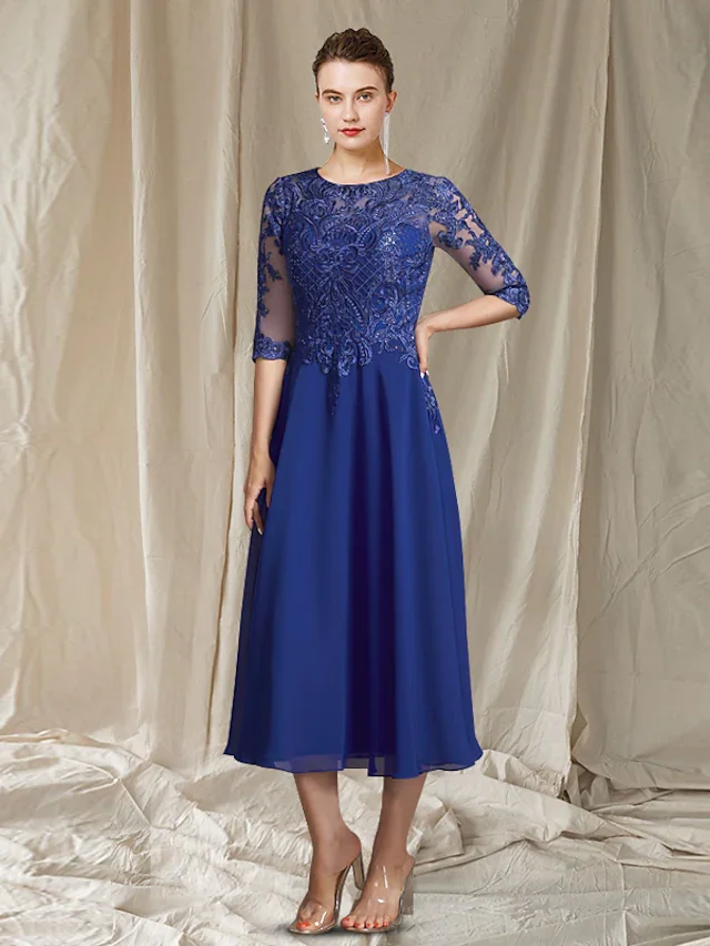 Royal Blue A-Line Mother of the Bride Dress Elegant Jewel Neck Tea Length Chiffon Lace Half Sleeve with Sequin Appliques