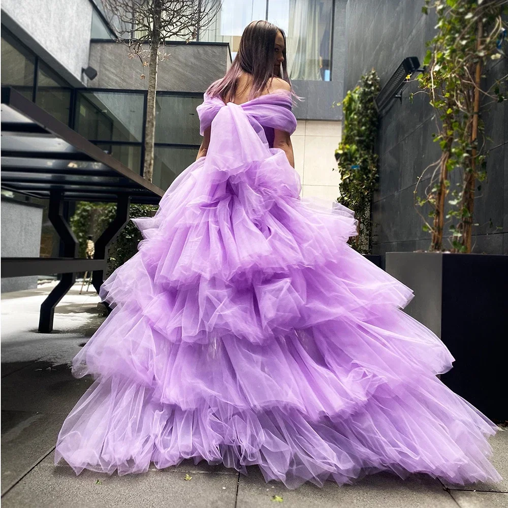 YALIN Exquisite High/Low Homecoming Dresses V-Neck Off the Shoulder Prom Party Gown Fashion Tiered Bow Tulle Evening Dress