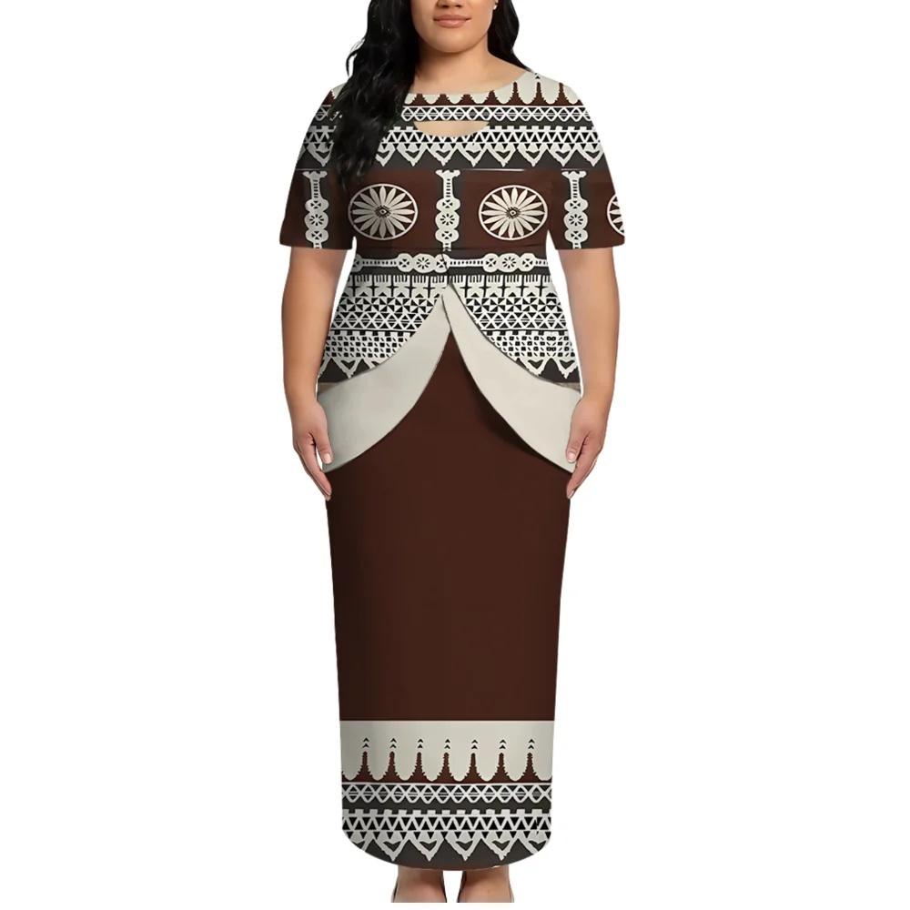 Newly Designed Polynesian Island Custom Women'S Short-Sleeved Top And Fitted Long Dress Samoan-Style Puletasi Set