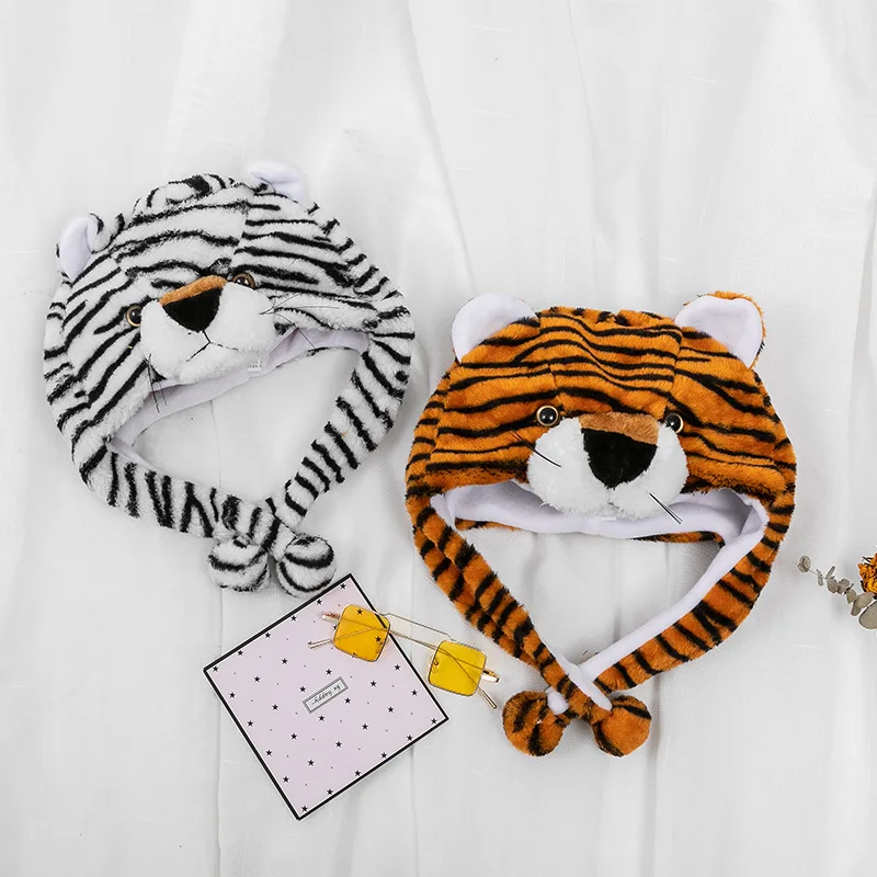 Kinder Erwachsene Cartoon Kappe Kindergarten Eltern-Kind Requisiten Tiger Kopf bedeckung Plüsch Tierhut Hauben für Männer Frauen Jungen Mädchen – Detail 3