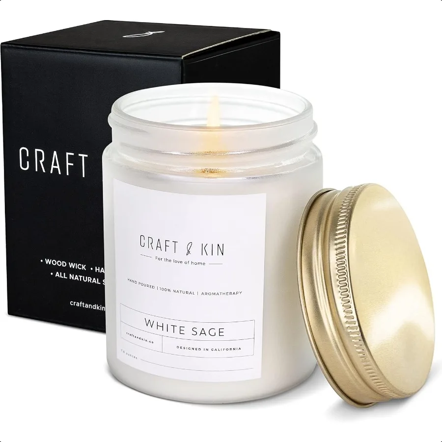 

White Sage Scented Candle for Cleansing 8 Oz 45 Hour Long Lasting Classic Soy Spring Scented Candles Wood Wick Made with Natura