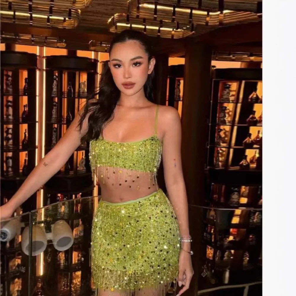 Y2k Sexy Tassel Sequin Beaded Crop Halter Tops Sparkling Waist Cinching Mini Skirt 2-piece Set Women Luxury Beach Glitter Suits