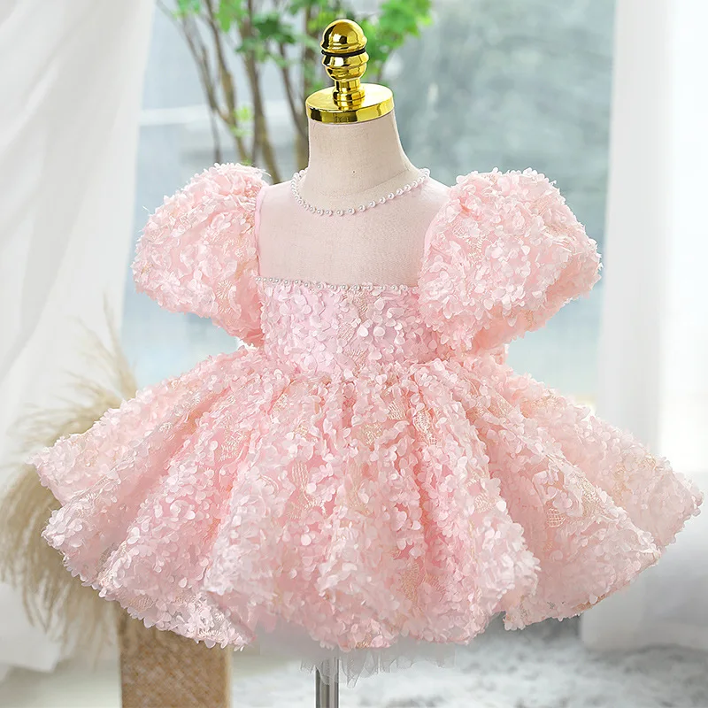 Vestido de princesa pongsa infantil, vestido rosa de ano novo, doce flor, vestido de performance de aniversário de menina