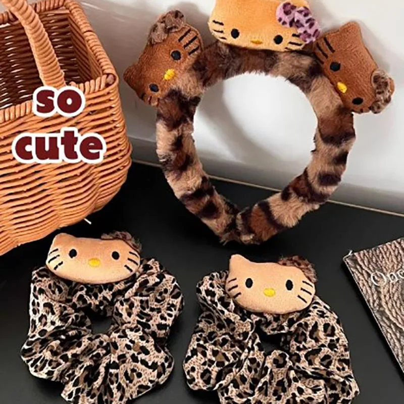 Anime Sanrio Hello Kitty Hair Ties Anime Cartoon Girls Black Skin Kitty Leopard Hair Bands Hair Accessories Holder Holiday Gift