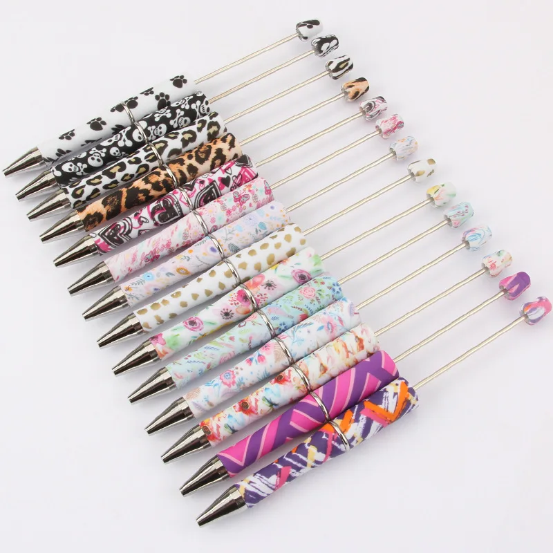 50pcs DIY Beaded Pen Creative Print Flower Pattern Ballpoint Pen Leopard Print Cow Spot Office Gift Pen School Pen Carving Logo
