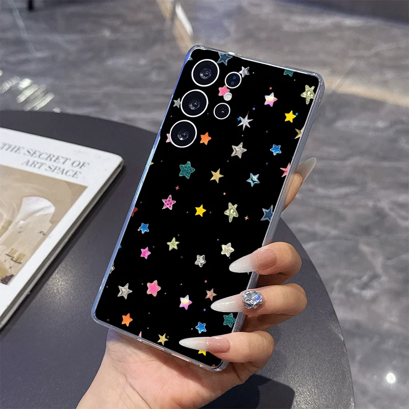 Retro Rhombus Grid Pattern Colorful Stars Phone Case for Samsung Galaxy A57 A55 A54 A53 A52 A16 A36 A14 A56 Clear Soft Cover Y2K