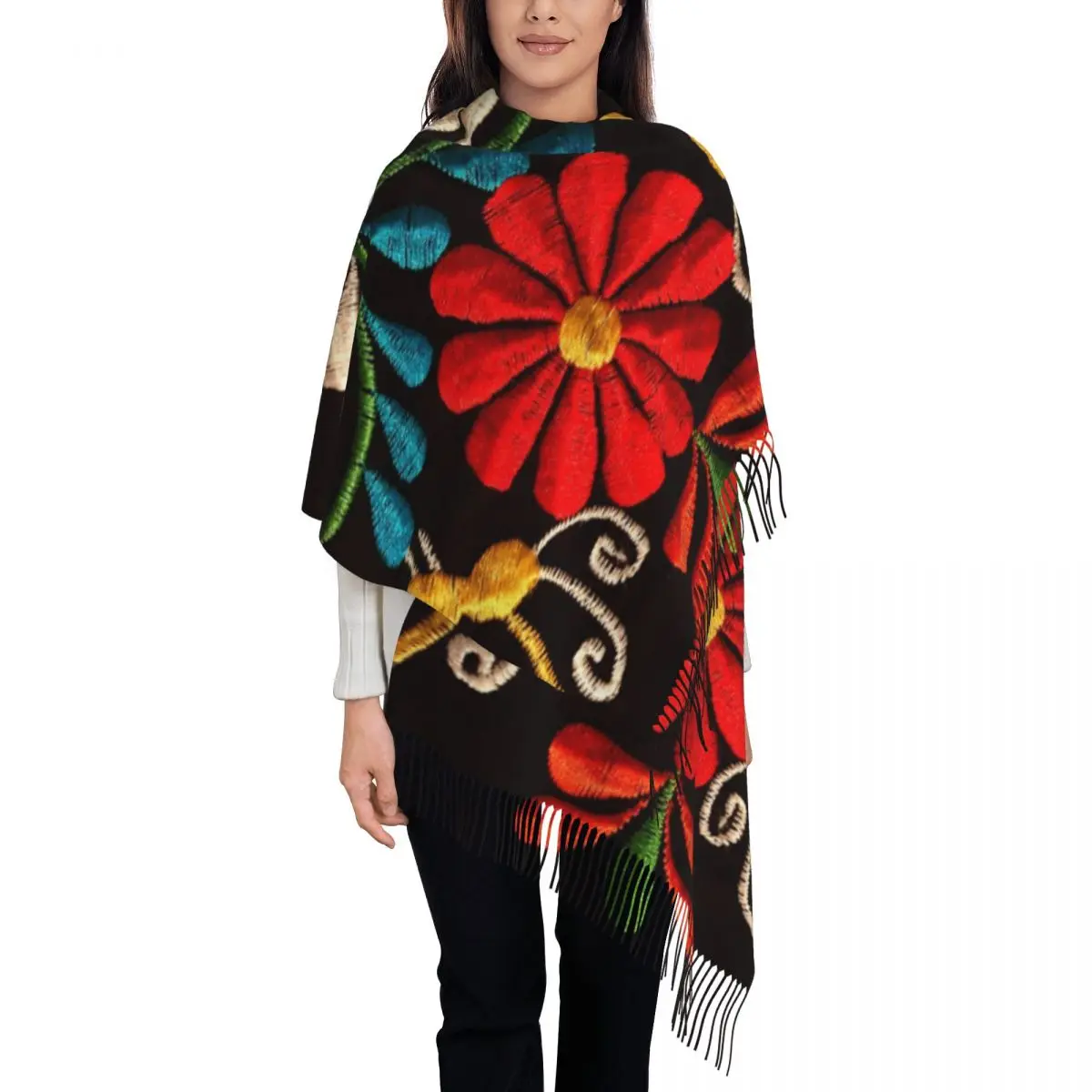 

Ladies Large Mexican Butterflies And Flower Pattern Scarves Winter Fall Thick Warm Tassel Shawl Wraps Otomi Embroidery Art Scarf