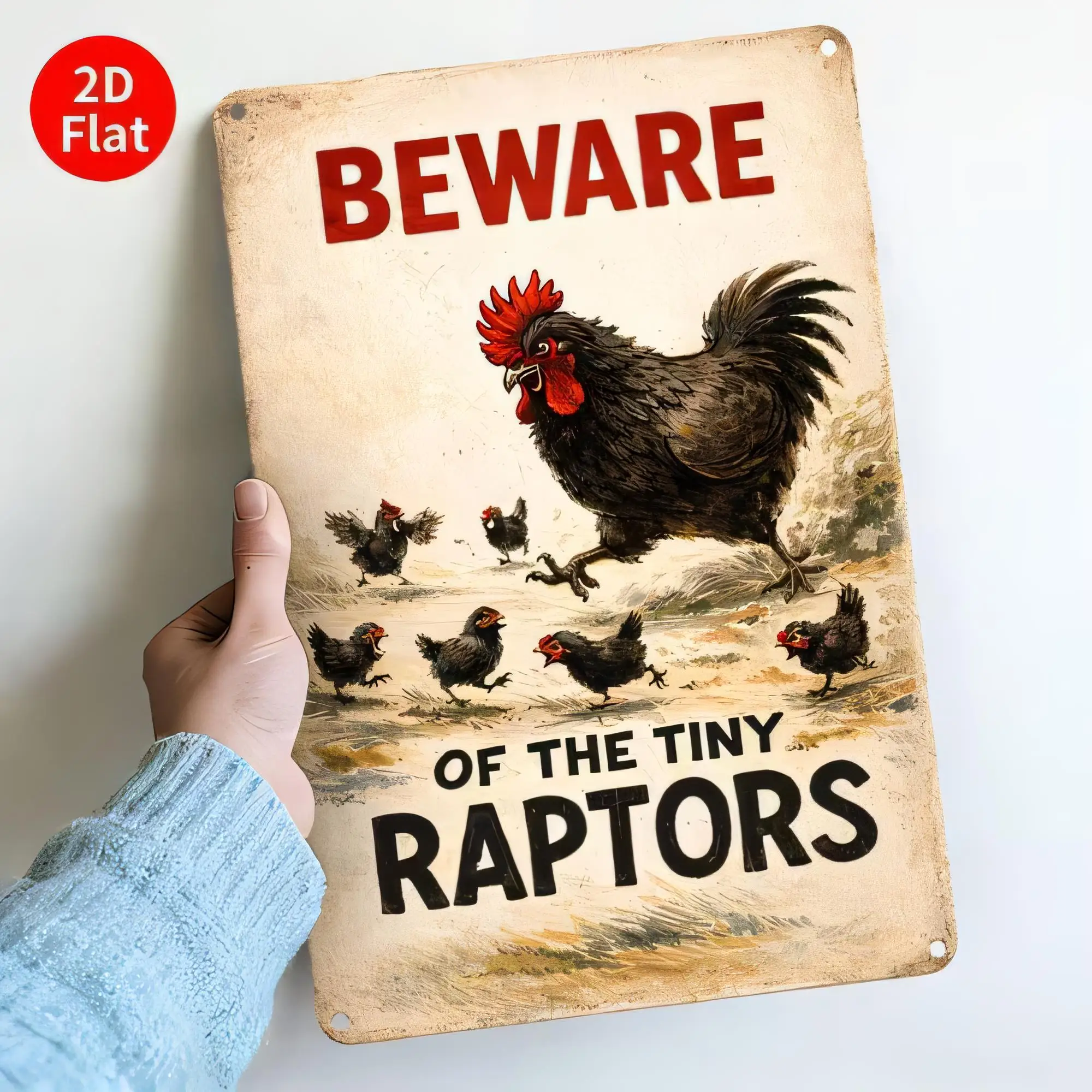 Tin Sign, Vintage Rooster Chickens Farm Metal Plaque, “Beware Of The Tiny Raptors” Rustic Wall Art Decor,  Retro Tin Metal Poste
