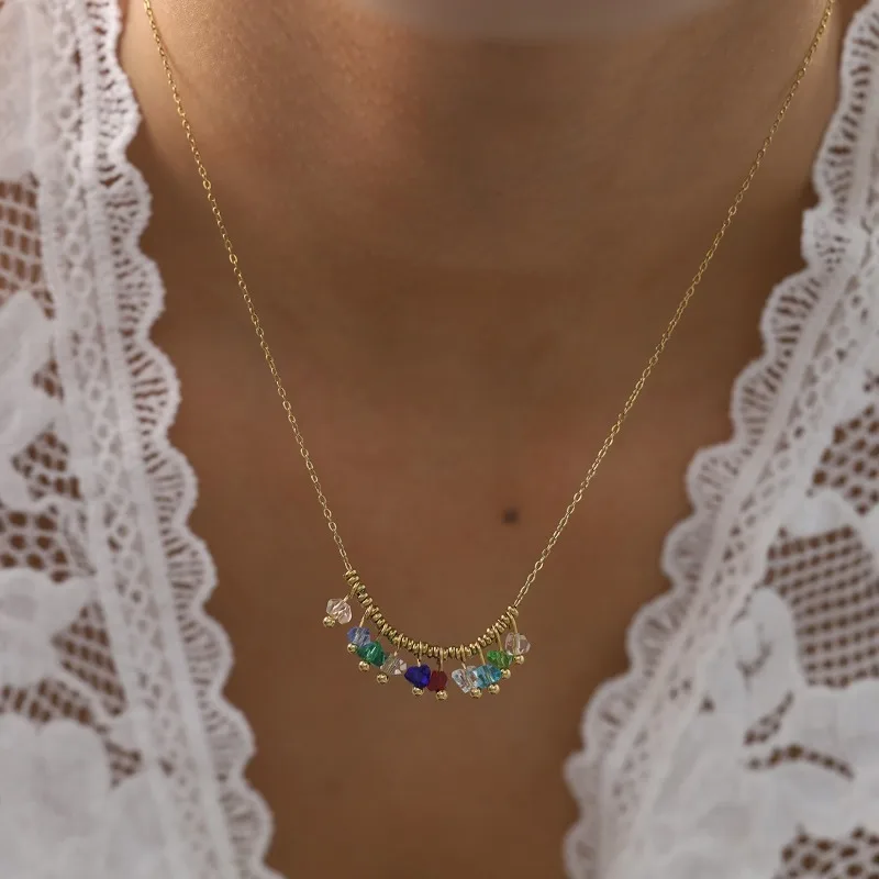 Glass Zirconium Drop Necklace Dainty Multi-Color Crystal Curved Pendant Minimalist Stackable Chain Jewelry For Women Gift