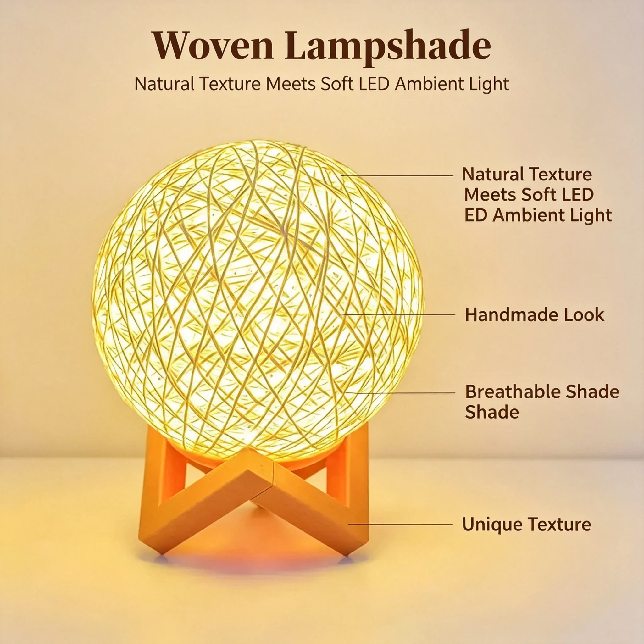 Rattan Ball LED Night Light, Warm White USB Table Lamp with Wooden Stand, Hand‑Woven Spherical Atmosphere Lamp for Bedroom Desk