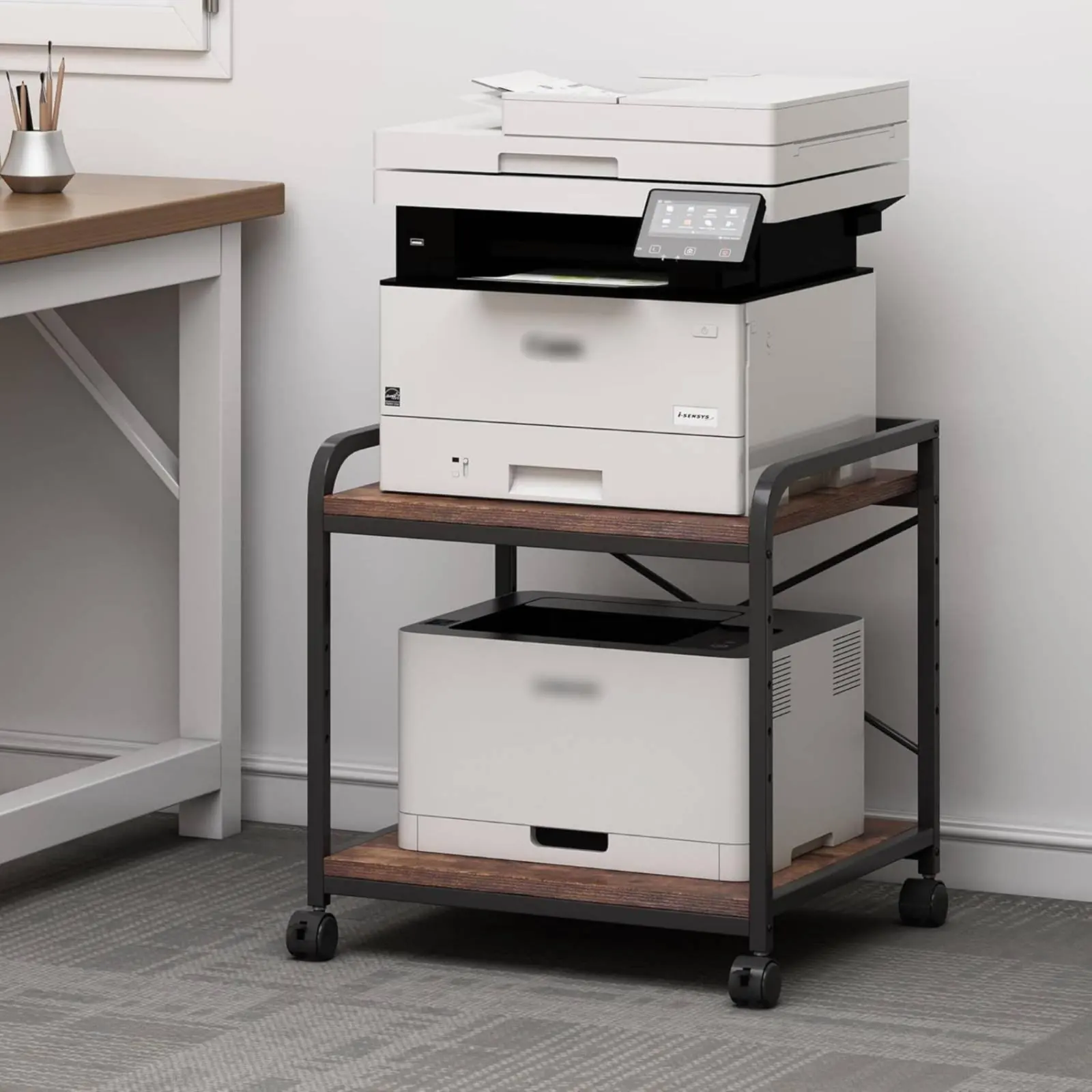 

Rolling Printer Trolley Metal Frame Printer Shelf with Wheels Mobile File Rack Easy to Move Desktop Storage Rack Space-Efficient