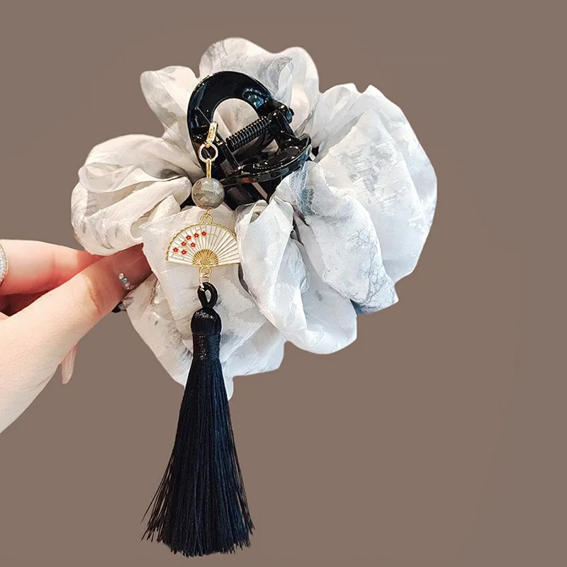 Chinese Ink Painting Bubble Organza Hair Claw Cloud Tassel Shark Clip Retro Oriental Ponytail Grab Women Hair Accessories