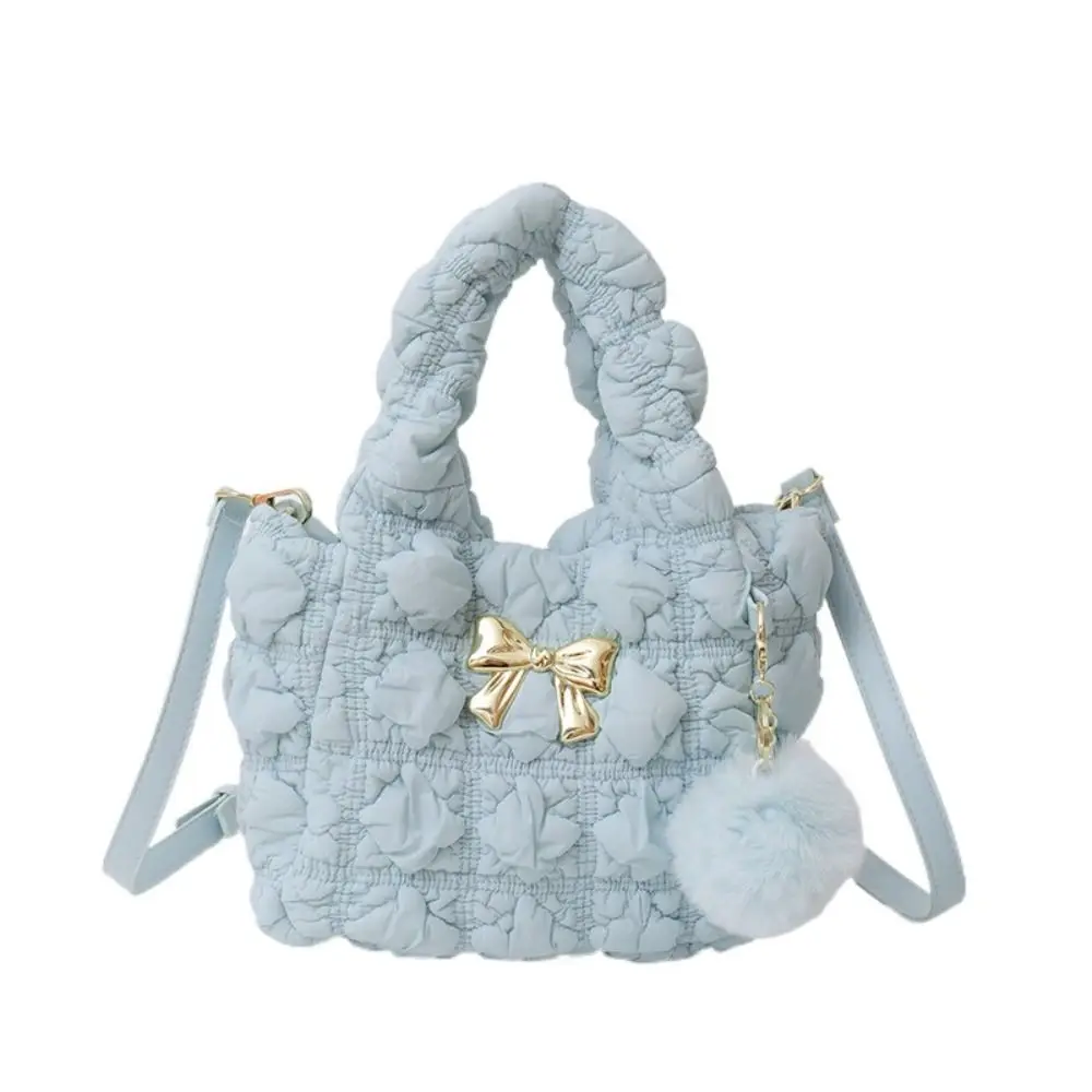 Simple Korean Style Bow Crossbody Bag Pleated Puffer Space Cotton Shoulder Bag Square Fluffy Ball Bubble Cloud Handbag Girls