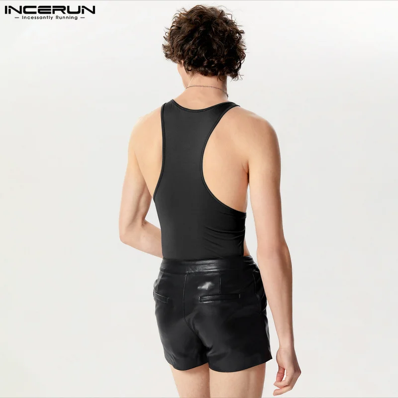 Men Bodysuits Solid Color Skinny O-neck Sleeveless Casual Male Rompers 2024 Summer Hollow Out Sexy Underwear Bodysuit INCERUN