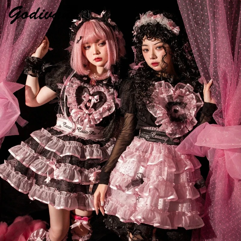 Original Lolita Tutu Dress New Summer Cute Girl Women's Sweet Bow Fungus Edge Polka Dot Short Organza Dresses