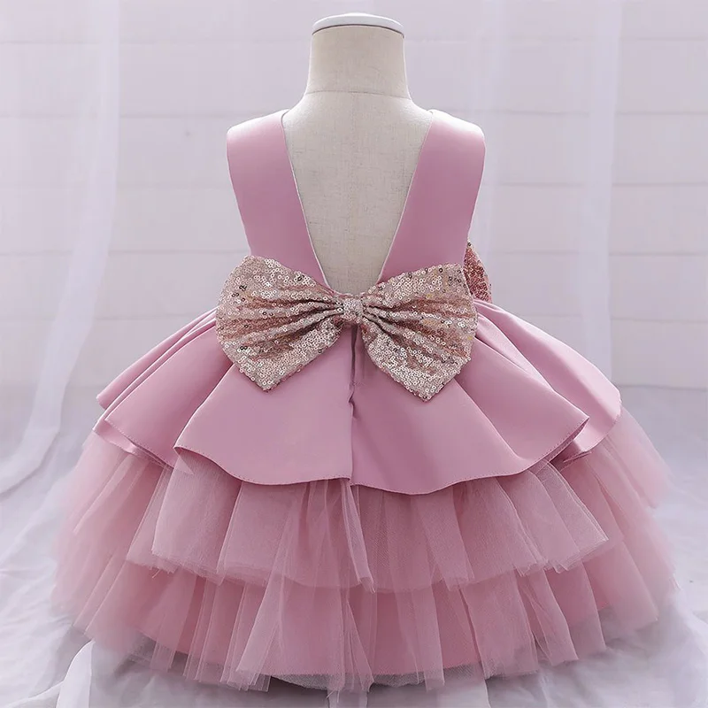 Kids Clothes Girls Crew Neck Solid Color Bow Spray Gold Splicing Lace Sleeveless Backless Birthday Puffy Gauze Cake Dresses