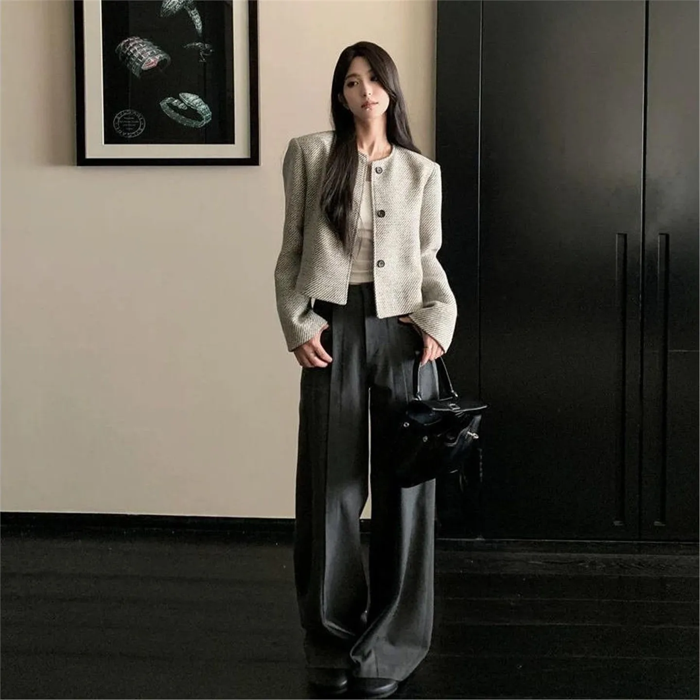 Retro round Neck Single Button Loose Fit Striped Jacket Women's Spring Autumn New Style Simple Elegant Outerwear Coat