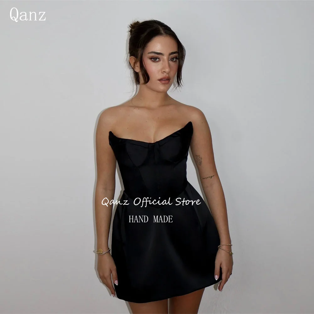 

Qanz Simple Black Mini Prom Dresses Vestidos De Fiesta Strapless Short A Line Satin Birthday Dresses For Woman Customized