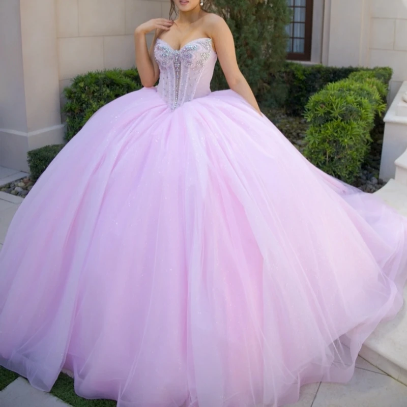 فساتين Quinceanera باللون الوردي اللامع قبالة الكتف مطرز بالكريستال تول حفلة عيد ميلاد حلوة 16 فستان Vestidos 15 De Anos