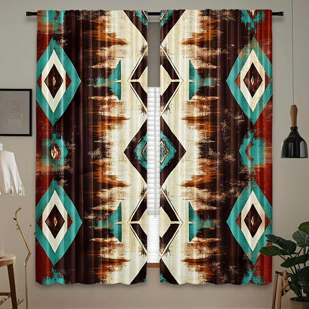 

2pcs Western style print Curtains - Rod Pocket Window Drapes. Retro geometry Window Treatments