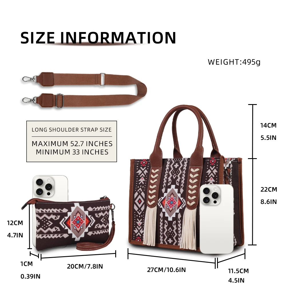 Ethnic print hand-held crossbody bag set with tassel decoration and small coin purse, suitable for daily commuting