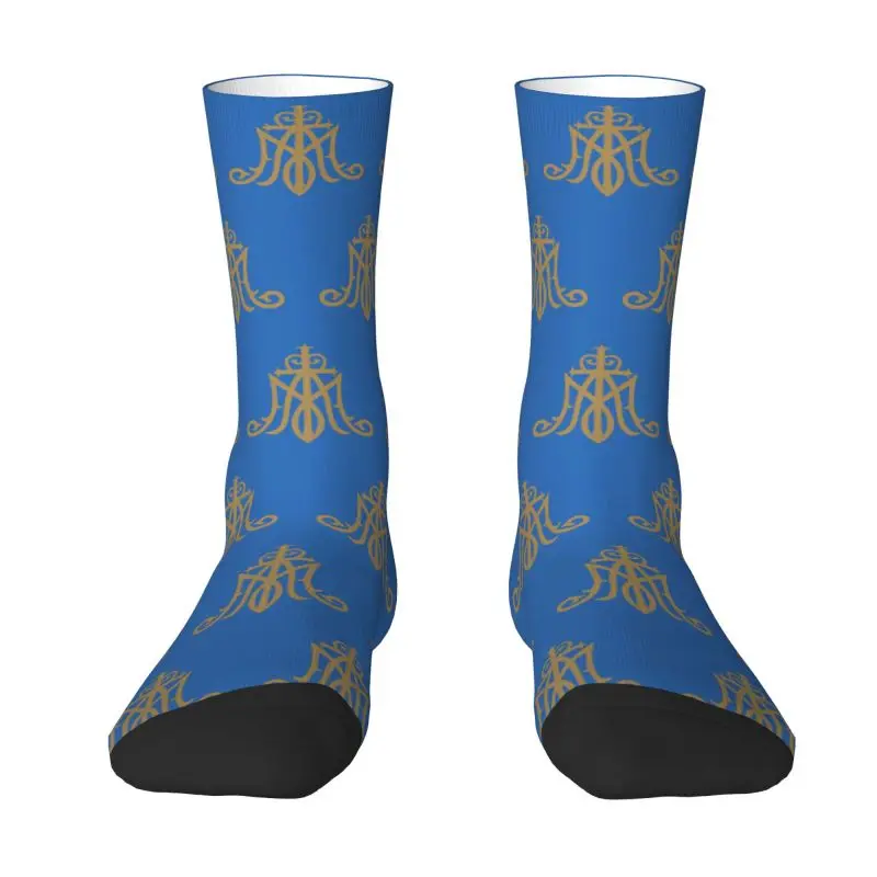 Cute Men's Virgin Mary Monogram Ave Maria Dress Socks Unisex Warm Breathbale 3D Printed Catholic Christian Crew Socks