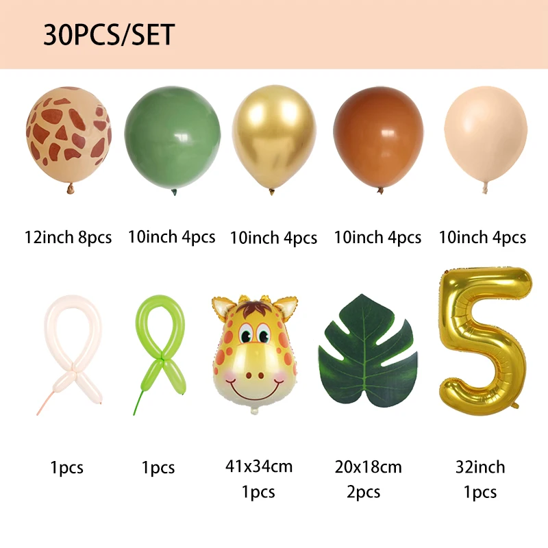 30pcs Girraffe Number Balloons Set Jungle Safari Animal Balloon Kit Kids 1 2 3 Year Birthday Party Decor Avocado Green Balloon